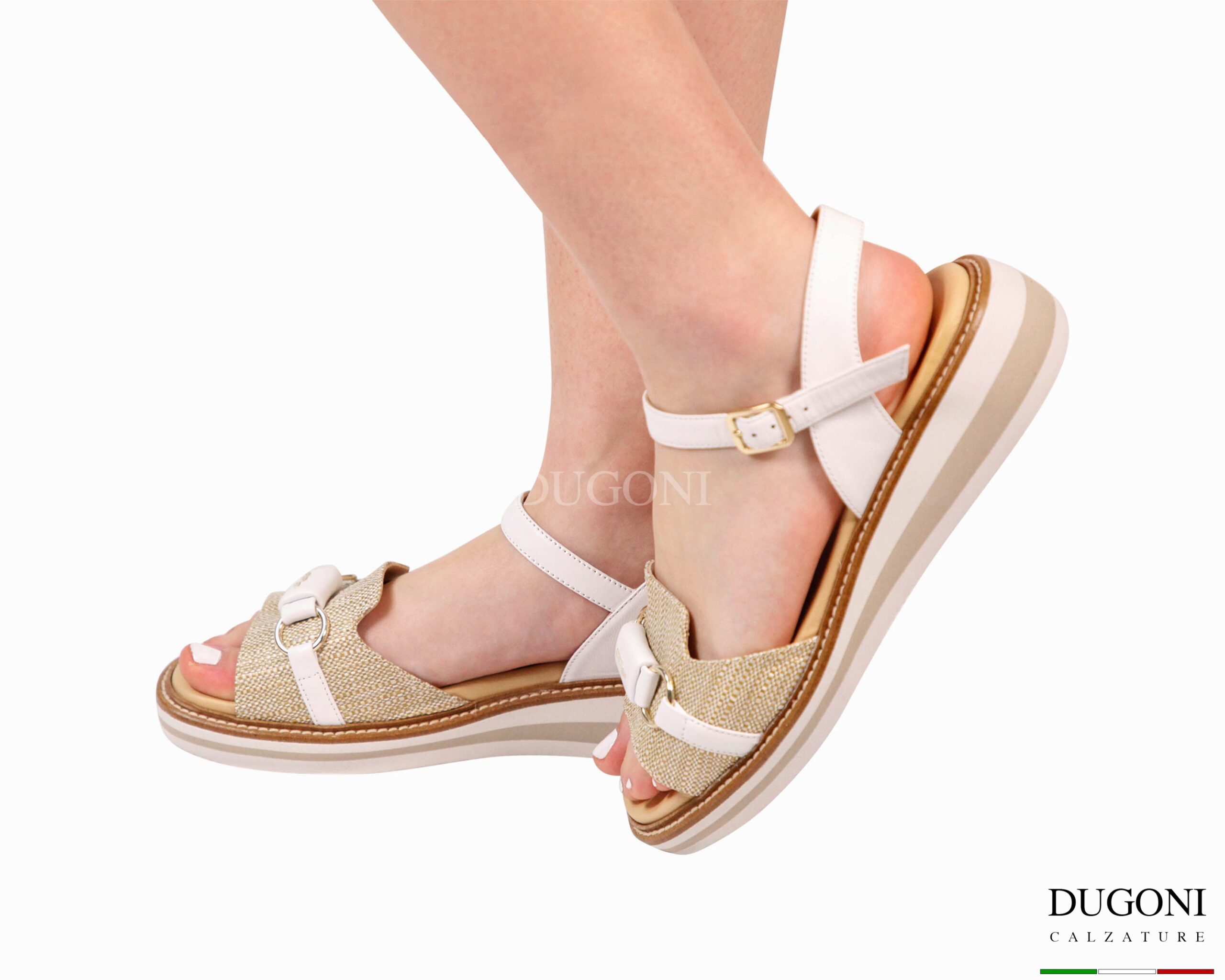 Sandalo zeppa in pelle bianca e rafia  </br> D1883 Sandali bassi