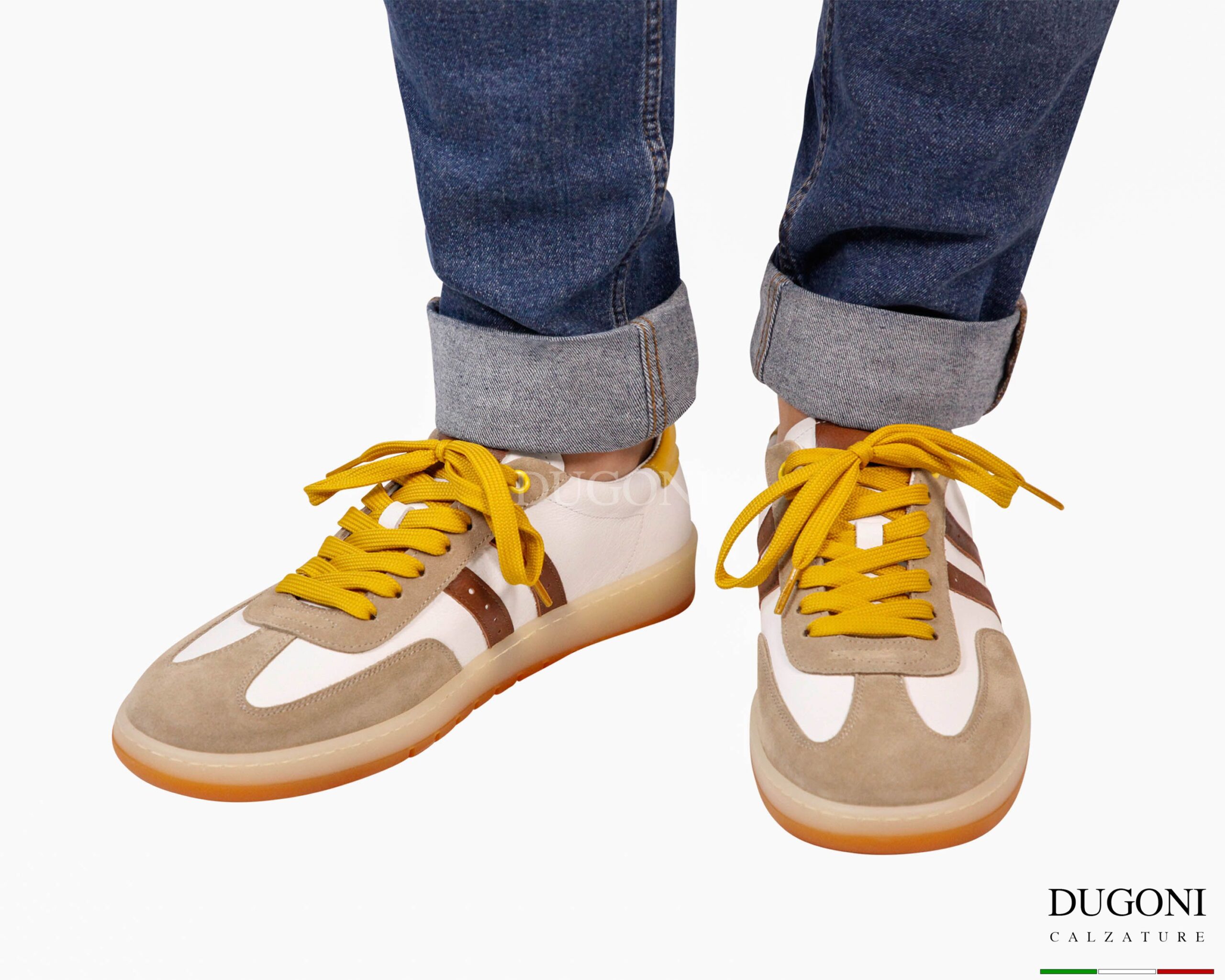 Sneakers bianco&sabbia con lacci ocra_ DUGONI </br>U448 Calzature uomo