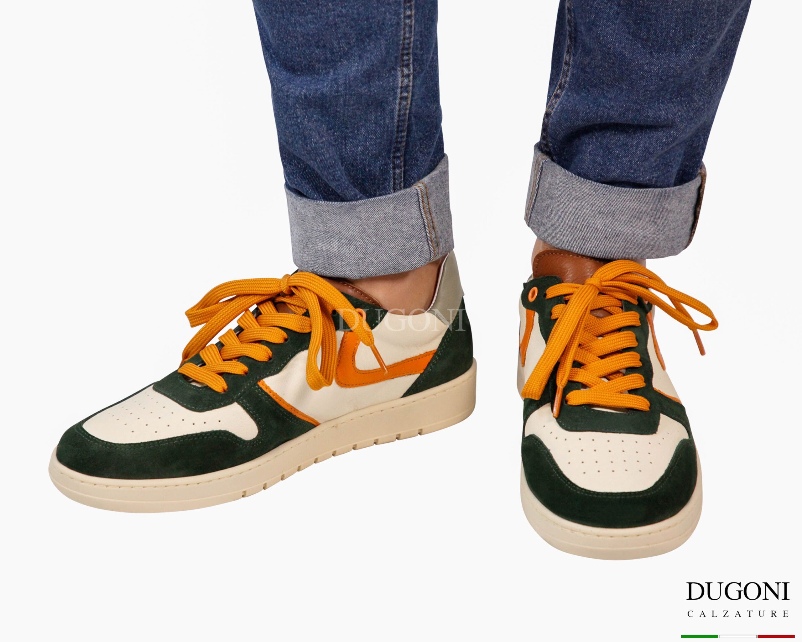 Sneakers beige&verde con lacci arancio_ DUGONI </br>U446 Calzature uomo